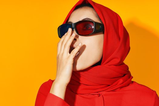 pretty woman 3d glasses technology watching movie popcorn yellow background. High quality photo