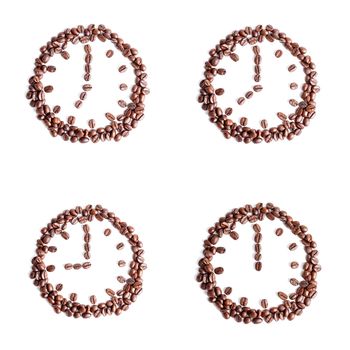 Clock of coffee beans on a white background