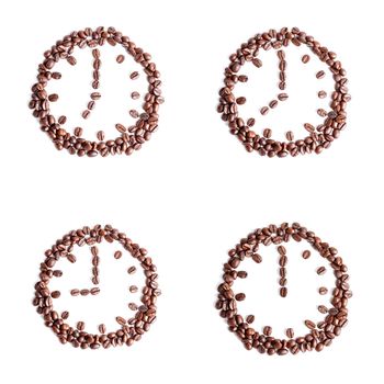 Clock of coffee beans on a white background