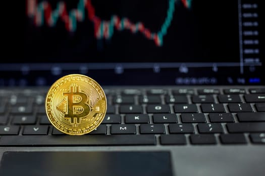 Bitcoin on computer with graph on background, Bit coin cryptocurrency banking money transfer business technology. Bitcoin currency price on computer screen. copy space