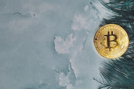 Golden Bitcoins Cryptocurrency top view stack of Digital coins on gray marble desk table green feathers background.Flat lay blank text.Copy space for word. concrete design