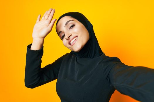 Muslim fun ethnicity model posing emotions studio lifestyle. High quality photo