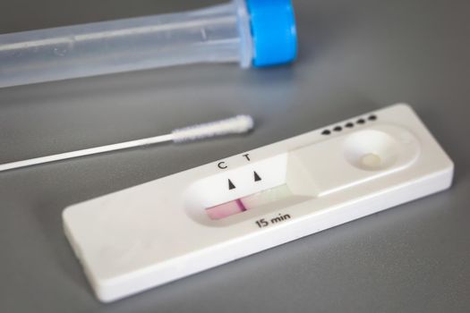 Rapid self test Covid-19 with nose swab, home test kit for coronavirus top view on gray background with copy space space for text negative result