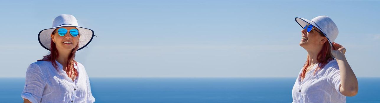 Tourist woman in a white straw hat on beautiful blue Adriatic Sea background. Croatia during summer holiday. Luxury life at holiday at turquoise sea, ocean. Travel concept