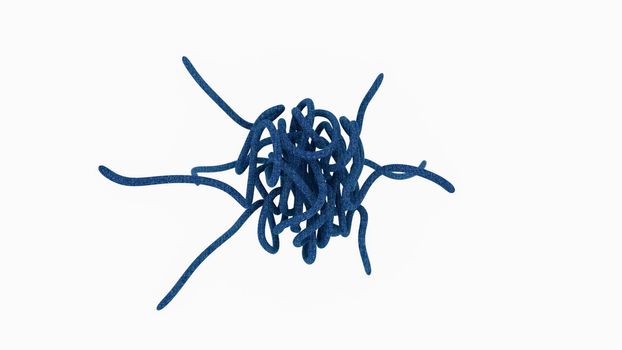 Spontaneous large rope knot made from blue denim laces. Conceptual image of a complex problem. Symbol of a difficult task to be solved. 3D rendering illustration isolated on white background