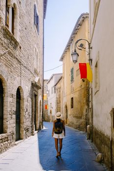 Overview of Fiuggi in Italy, Scenic sight in Fiuggi, Province of Frosinone, Lazio, central Italy. Europe, a woman walking on the colorful streets of Fiuggi. 