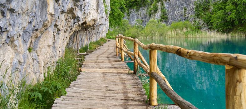 View of wooden deck among tall green grass with rock behind and bushes in Plitvice Lakes National Park in Croatia. lifestyle, walking in park, healthy vacation. wallpaper, postcard