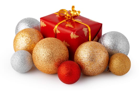 Christmas baubles and festive gift box isolated on white background, close up