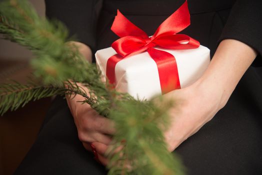 Unrecognizable woman is holding branch of Christmas tree and present, close-up