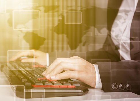 double exposure of business woman hands working on computer keyboard 