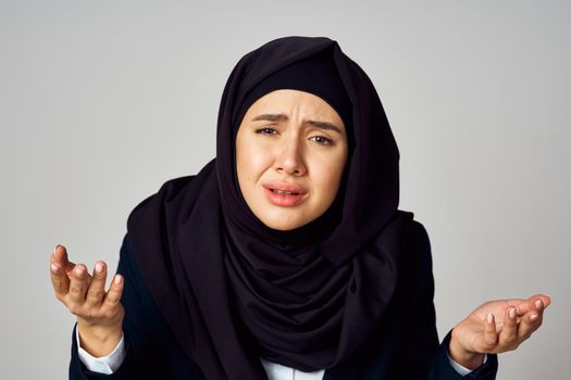 woman in black hijab laptop work technology office. High quality photo