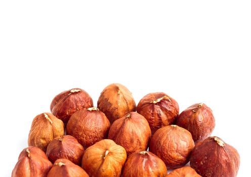 Nuts filberts isolated on white background. Space for text on the top side
