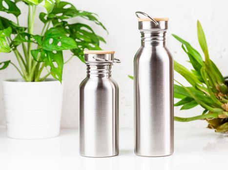 Two stainless steel water bottles of different sizes on the table with houseplants on the background