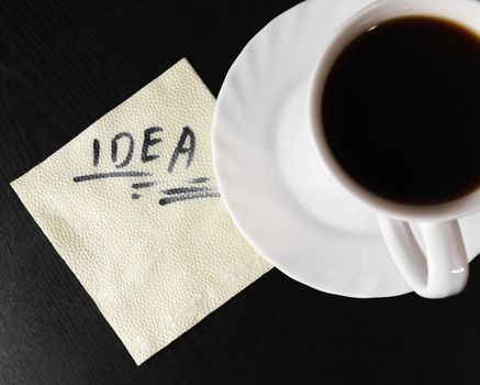 Word idea written on a napkin near a cup of coffee, top view