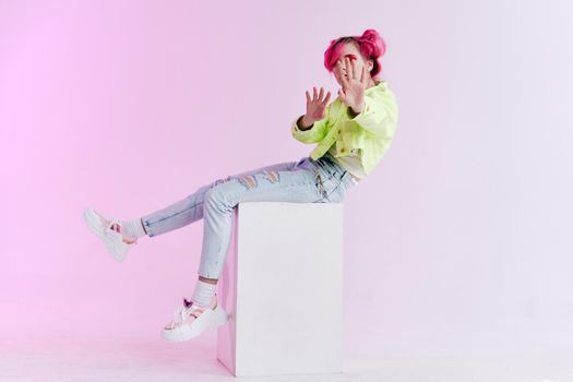 hipster woman green jacket fashionable clothes lifestyle fun design. High quality photo