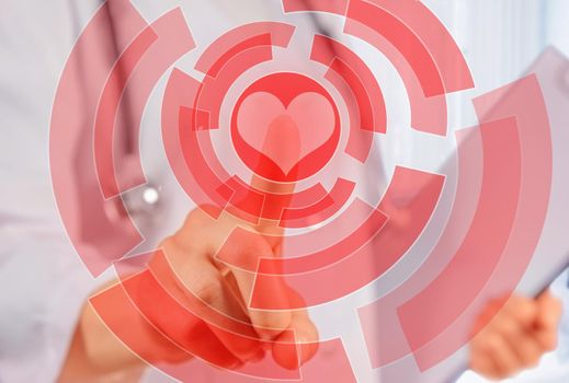 Unrecognizable woman doctor is touching shape of red heart, concept of healthcare