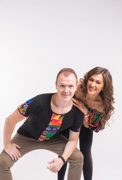 Beauty couple dancing social dance. Kizomba or bachata or semba or taraxia , on white background.