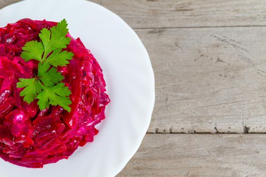 Beet salad with parsley, top view.