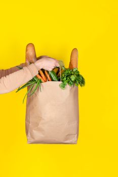Shopping, Food delivery or donation concept. Grocery store shopping. Woman holds eco paper bag filled with groceries such as fruits, vegetables, milk, yogurt, eggs isolated on yellow. Vertical banner