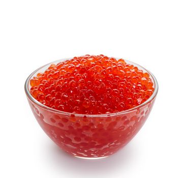 Red caviar in a bowl on a white background, side view
