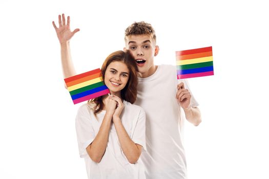 young couple lgbt Flag transgender lifestyle light background. High quality photo