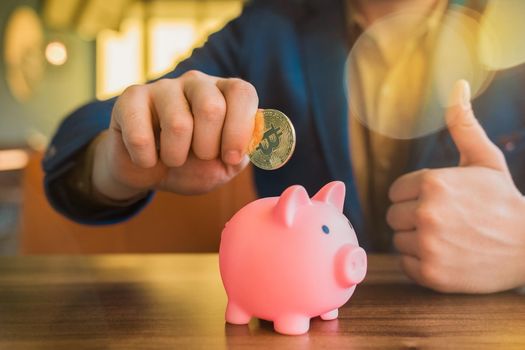 The hand of a businessman holds a golden bitcoin cryptocurrency next to a pig piggy bank. Bitcoin, cryptocurrency and savings concept.