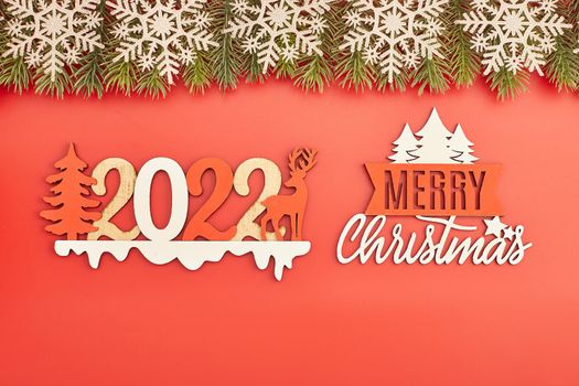 Sparkle bokeh lights on red canvas background. Merry christmas card. Winter holiday theme. Happy New Year.