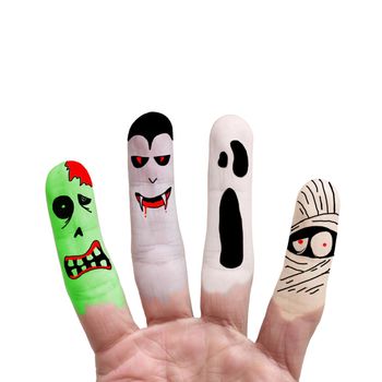 Painted finger monsters halloween: zombie, vampire, mummy, ghost on white background
