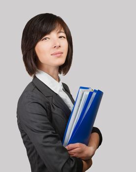 Young business woman holds folders with documents, space for text