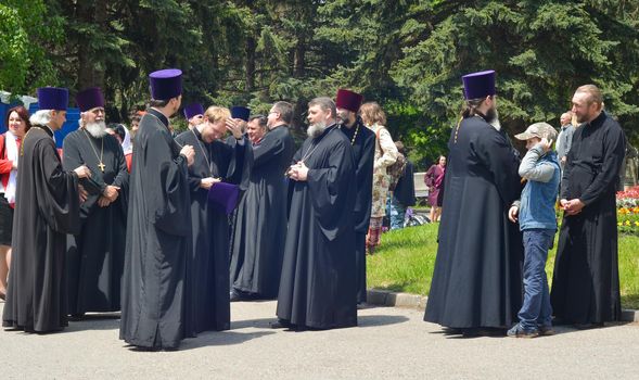 PYATIGORSK, RUSSIA - MAY 09, 2017: Priests in traditional clothes on the street Christianity