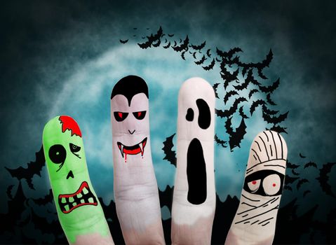 Painted finger monsters halloween: zombie, vampire, mummy, ghost