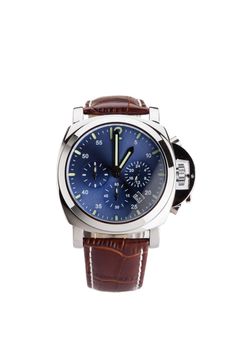 luxury fashion watch with blue dial and brown crocodile grain leather watch band on white background