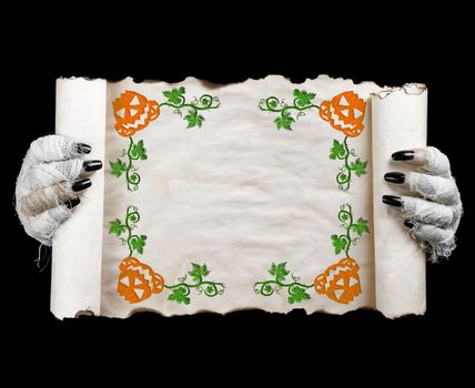 Halloween mummy holding scroll. Concept mummy halloween.
