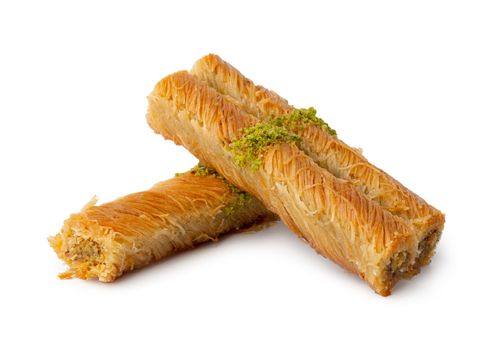 Turkish sweet pastry baklava isolated on white background, close up