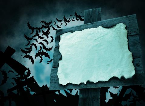 Halloween sign with a blank sheet on the background of the moon. Blue color