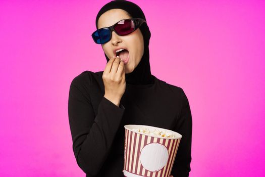 pretty woman attractive look popcorn glasses movie watching isolated background. High quality photo