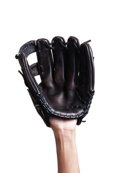 catching baseball with leather baseball glove over white background