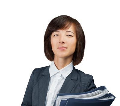 Young businesswoman holds folders with documents