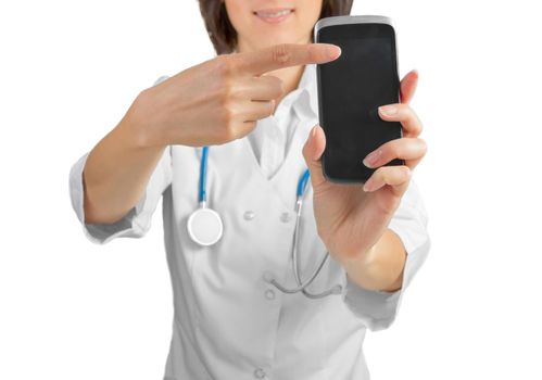 Unrecognizable female doctor is touching phone screen, close-up, focus on phone