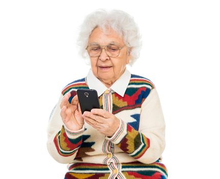 elderly woman using smartphone over white background