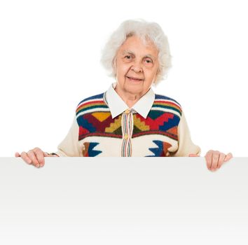 elderly woman behind an advertising board over white background