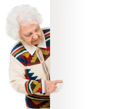 elderly woman alongside of ad board over white background