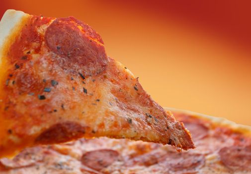Tasty slice of pizza on a red background