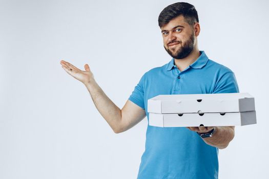 Food delivery courier with order on light grey background