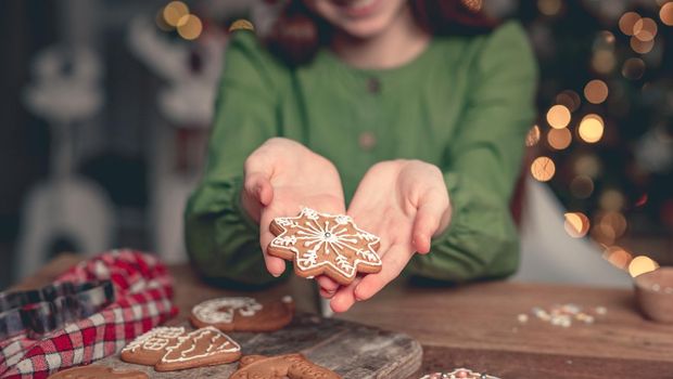 Decorated gingerbread snowflake on girl palm before christmas at home