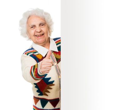 elderly woman alongside of ad board over white background