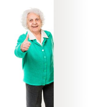 elderly woman alongside of ad board over white background