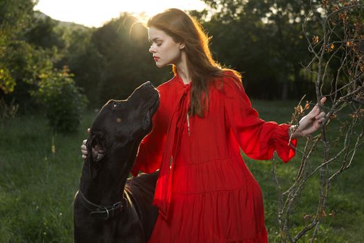 cute woman outdoors from purebred dog walk. High quality photo