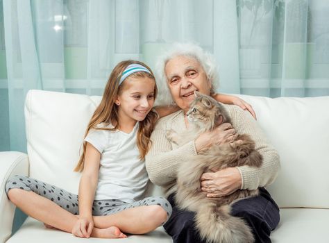 little girl withg randmother playing with cat on sofa