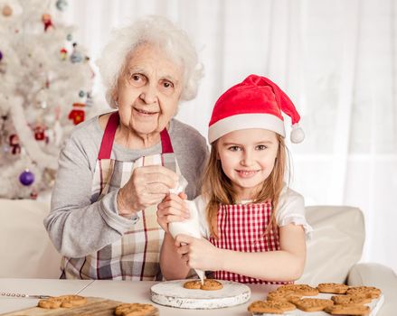Grandmother with granddaughter in santa hat holding baked cookie